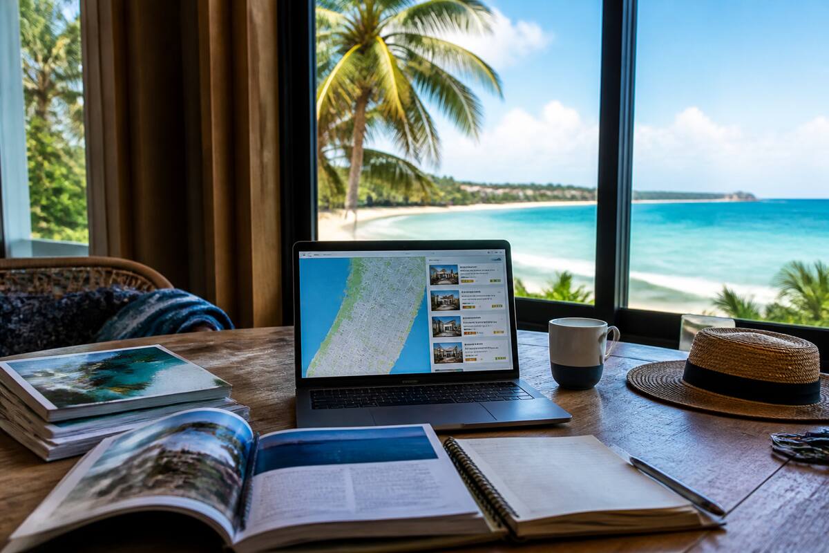 Tafel met reisgidsen en laptop om vakanties te vergelijken