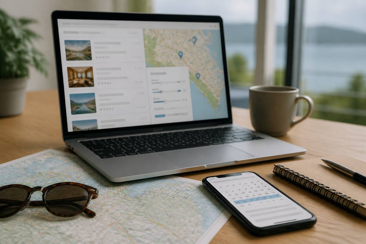Een rustige werkplek met laptop en checklist om vakanties vergelijken praktisch aan te pakken