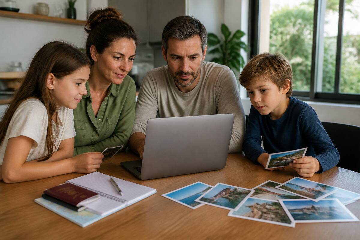 Gezin vergelijkt reisopties aan tafel met laptop en reisnotities