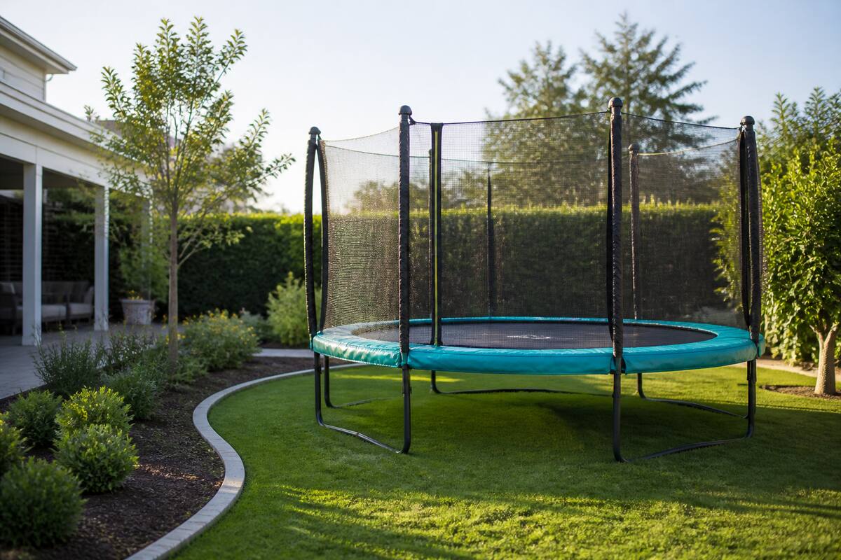 Trampoline met randkussen en veiligheidsnet in een achtertuin