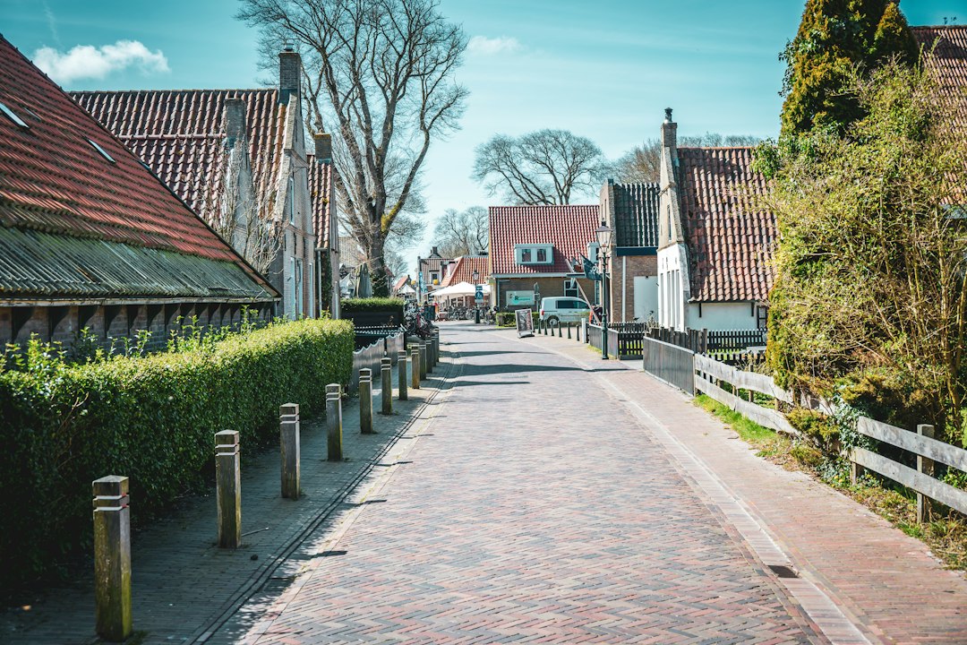 A quiet village street with brick pavement and houses