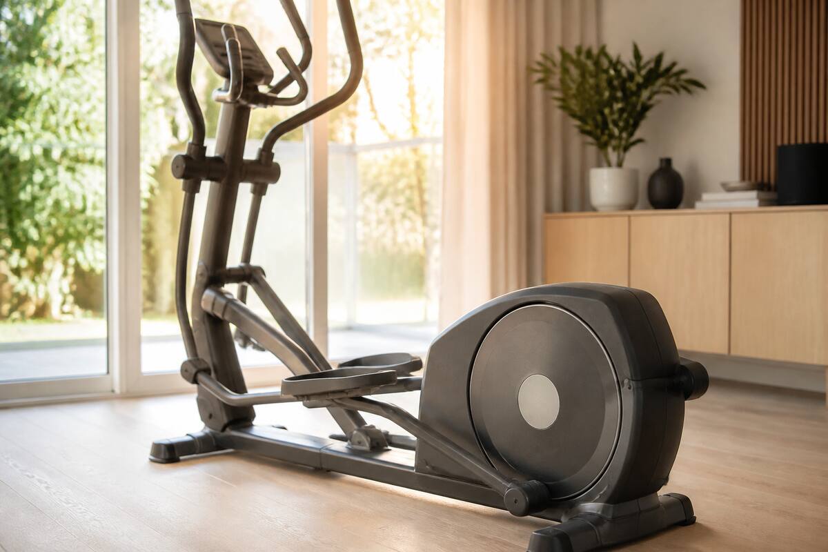 Crosstrainer in een lichte thuisruimte, fotorealistisch zonder tekst