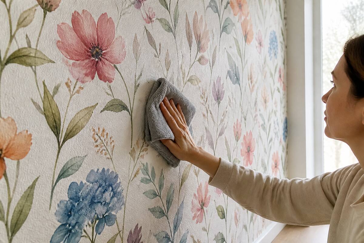 Person reinigt fotobehang voorzichtig met een microvezeldoek