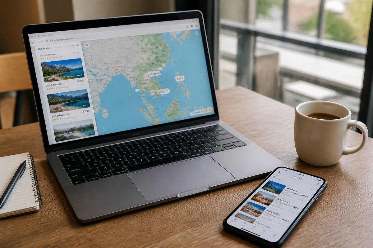 Een laptop en smartphone op een houten tafel met uitzicht op reisplannen, geschikt als visual voor een artikel over vakanties vergelijken