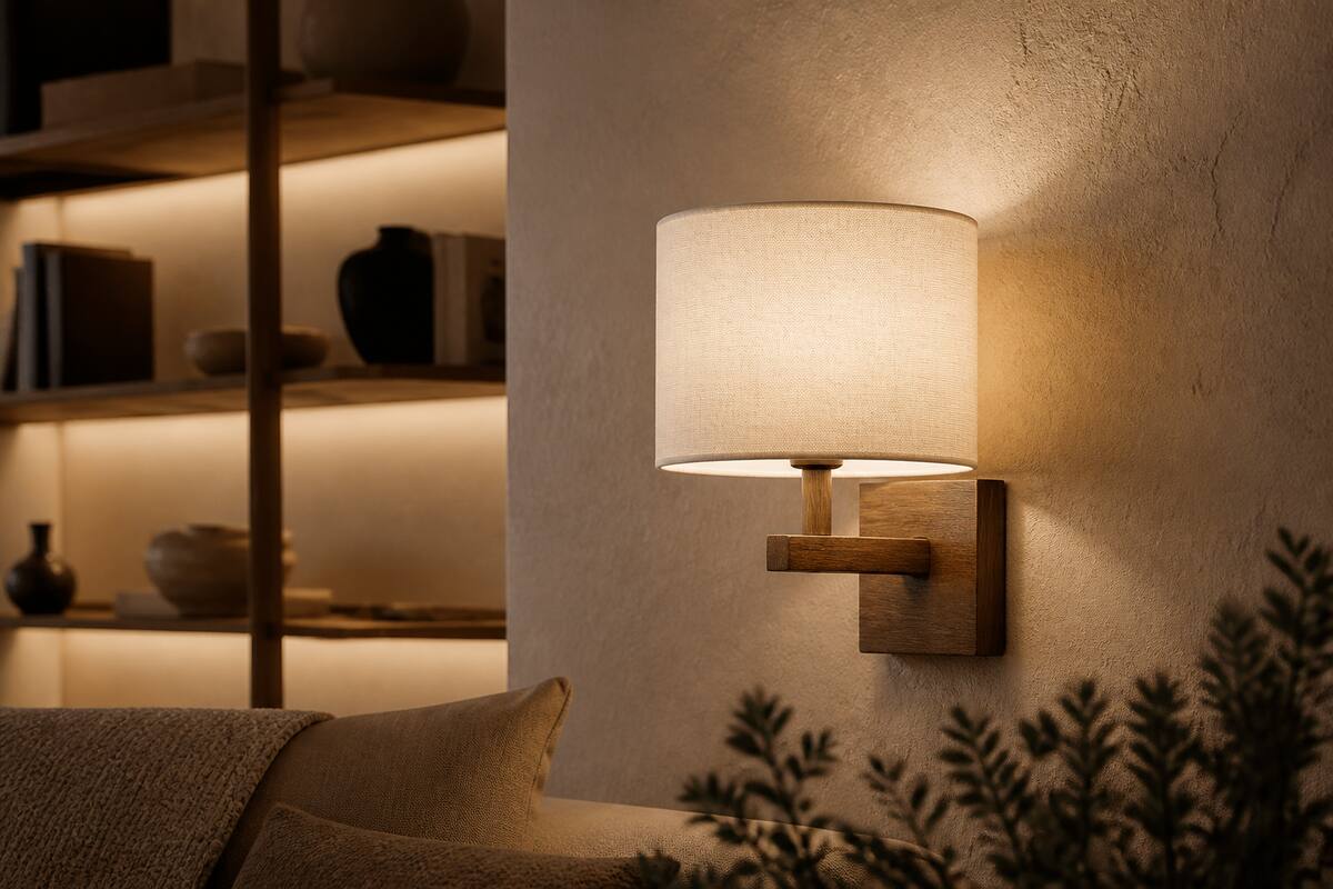 Realistische foto van een wandlamp in een sfeervolle woonkamer met warm licht